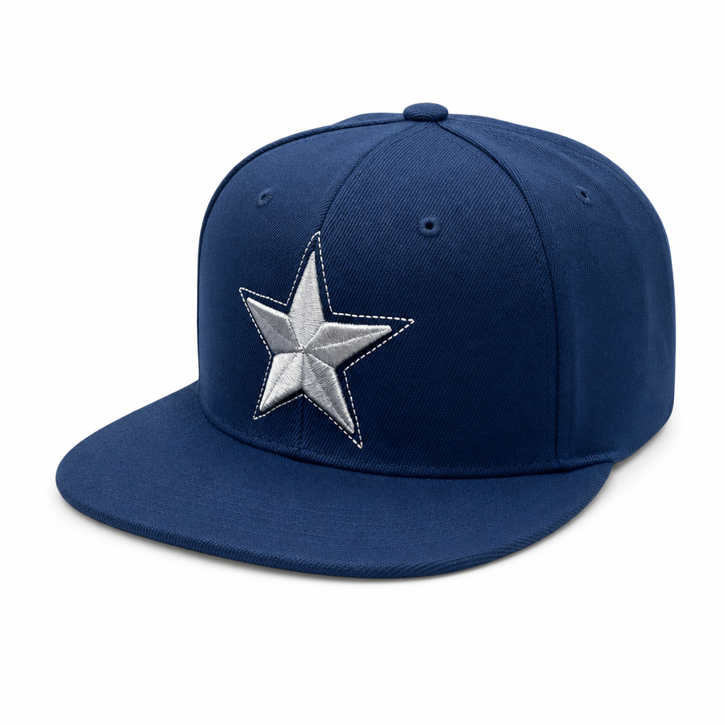 6 Panel Flatbill w/Star Embroidery Snapback Cap #E16001 in NAVY-WHITE - Style E16001 | Pro Cap
