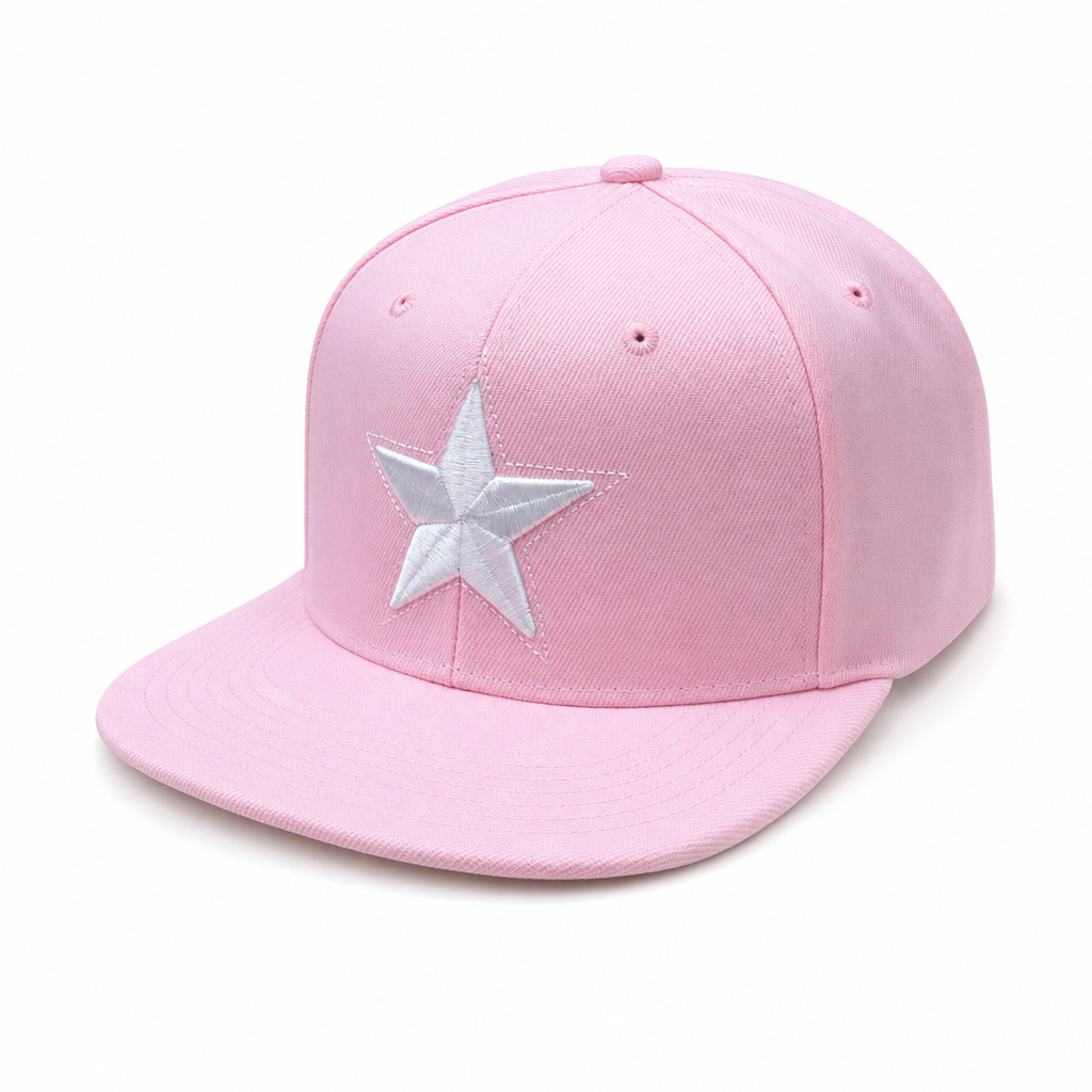 6 Panel Flatbill w/Star Embroidery Snapback Cap #E16001 in PINK-WHITE - Style E16001 | Pro Cap