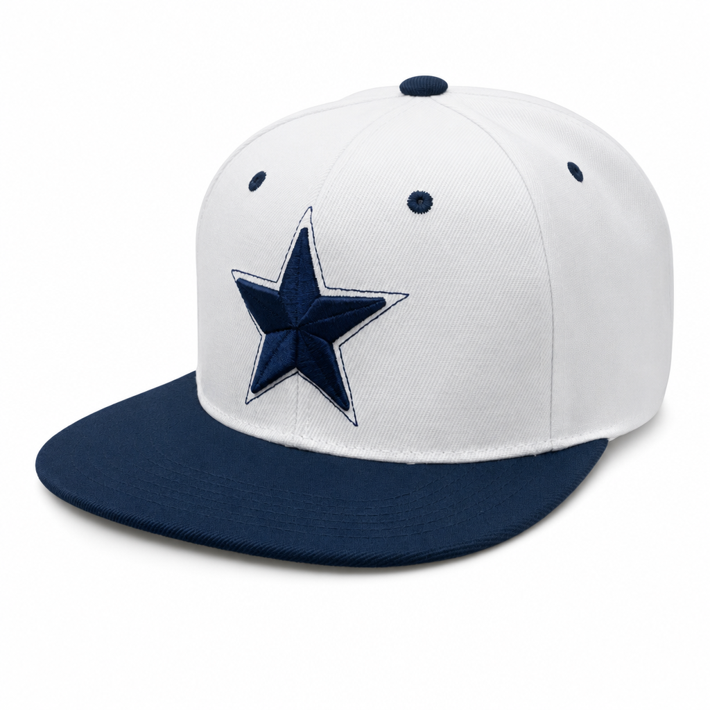 6 Panel Flatbill w/Star Embroidery Snapback Cap #E16001 in WHITE-NAVY-NAVY - Style E16001 | Pro Cap