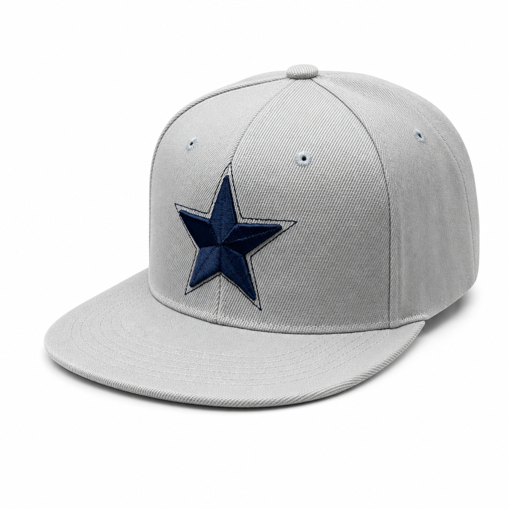 6 Panel Flatbill w/Star Embroidery Snapback Cap #E16001 in WHITE-NAVY - Style E16001 | Pro Cap
