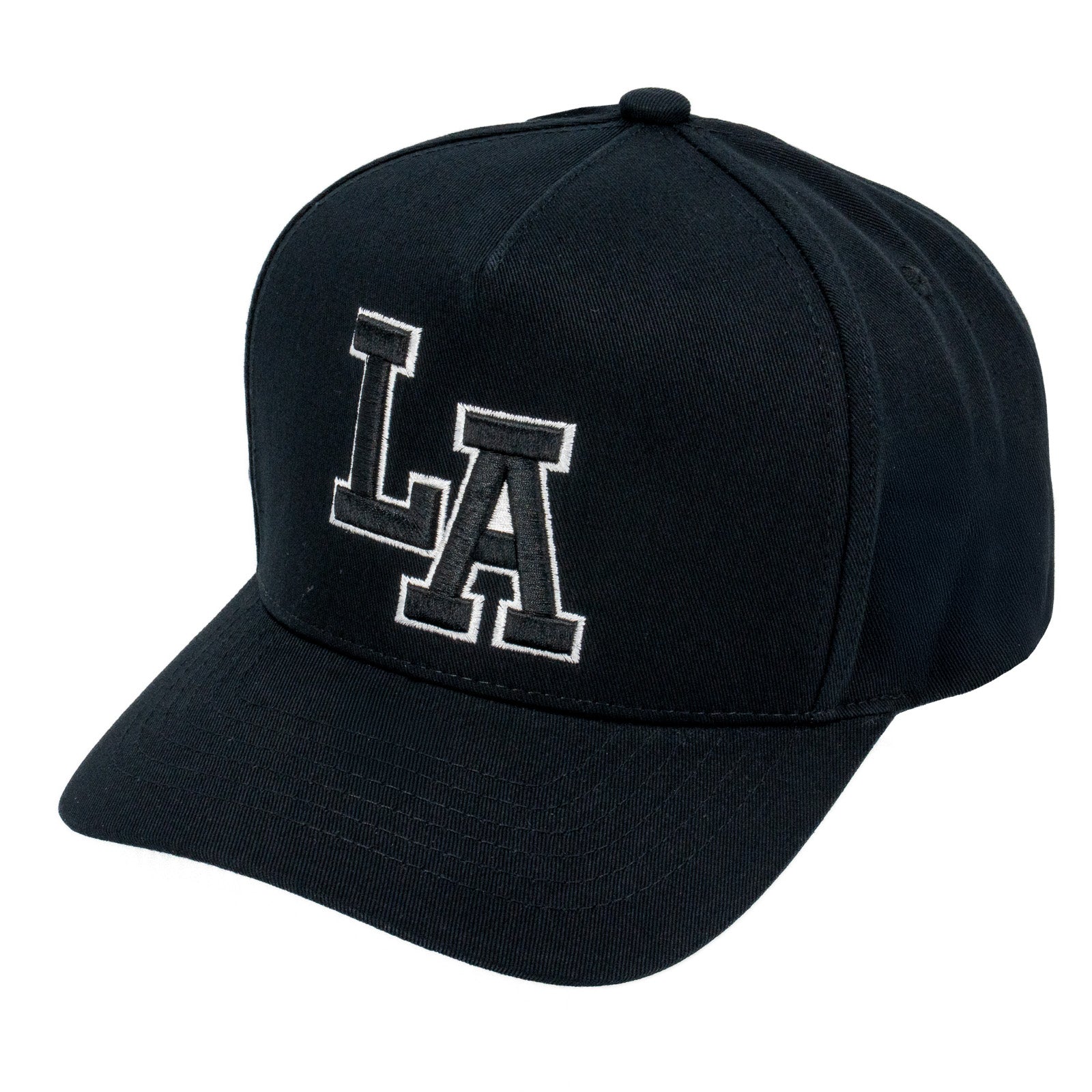 E500LA Embroidered LA 5 Panel Snapback Cap Black Black White Thread