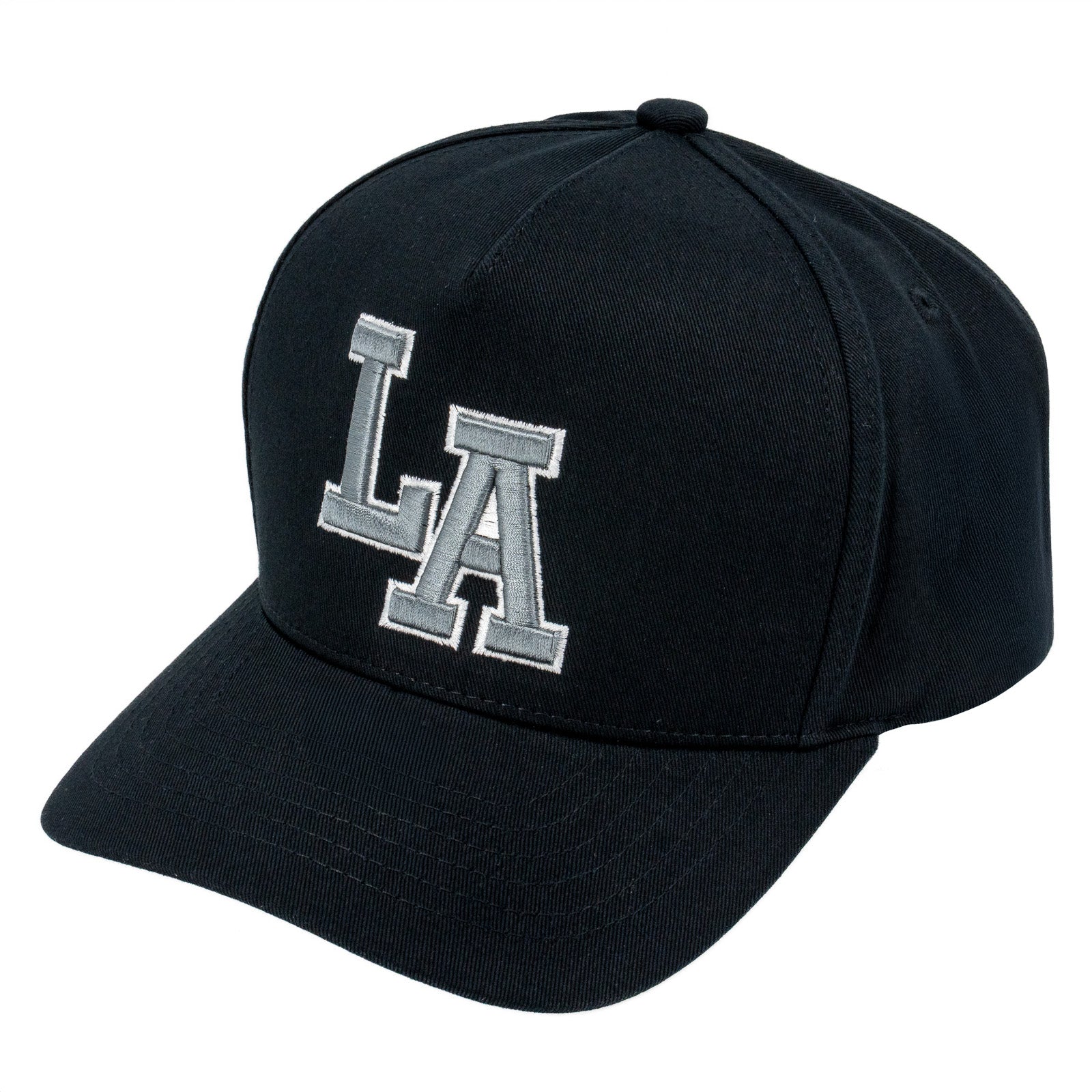 E500LA Embroidered LA 5 Panel Snapback Cap Black Grey White Thread
