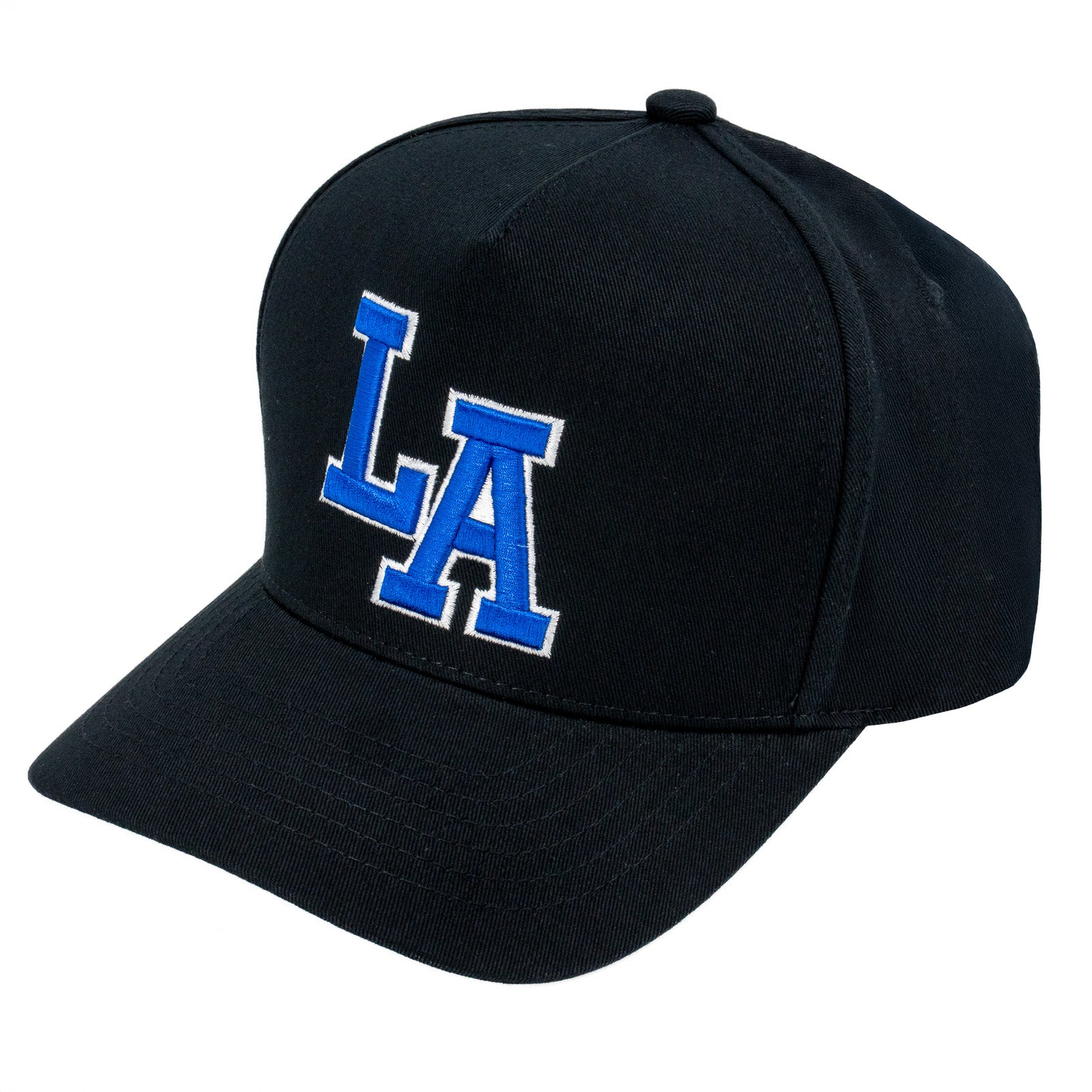 E500LA Embroidered LA 5 Panel Snapback Cap Black Royal White Thread