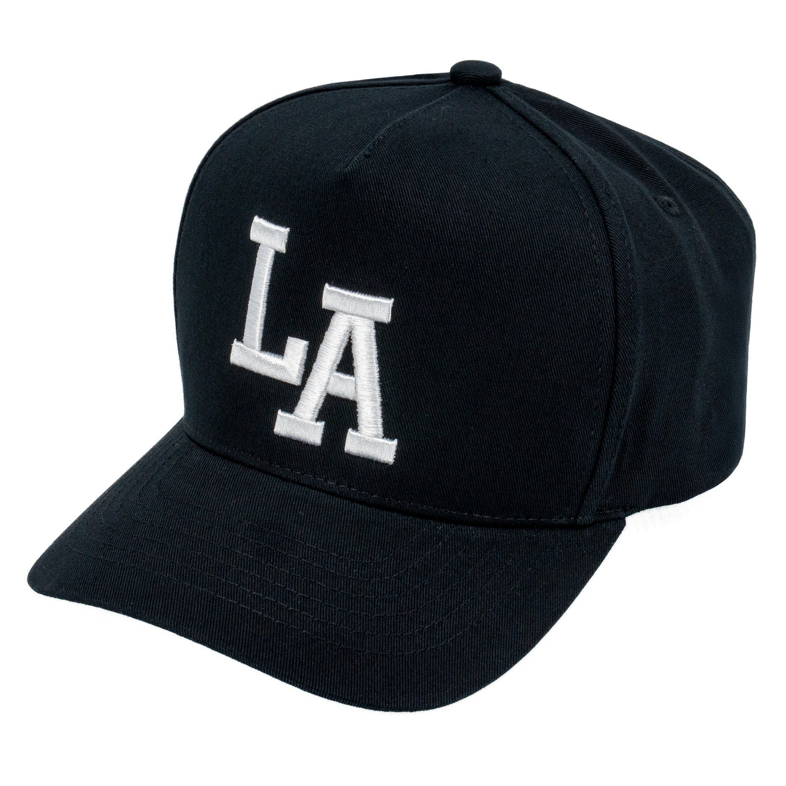 E500LA Embroidered LA 5 Panel Snapback Cap Black White Thread