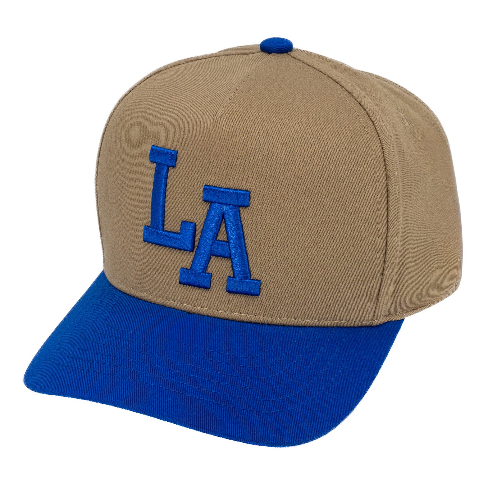 E500LA Embroidered LA 5 Panel Snapback Cap Khaki Royal Royal Thread