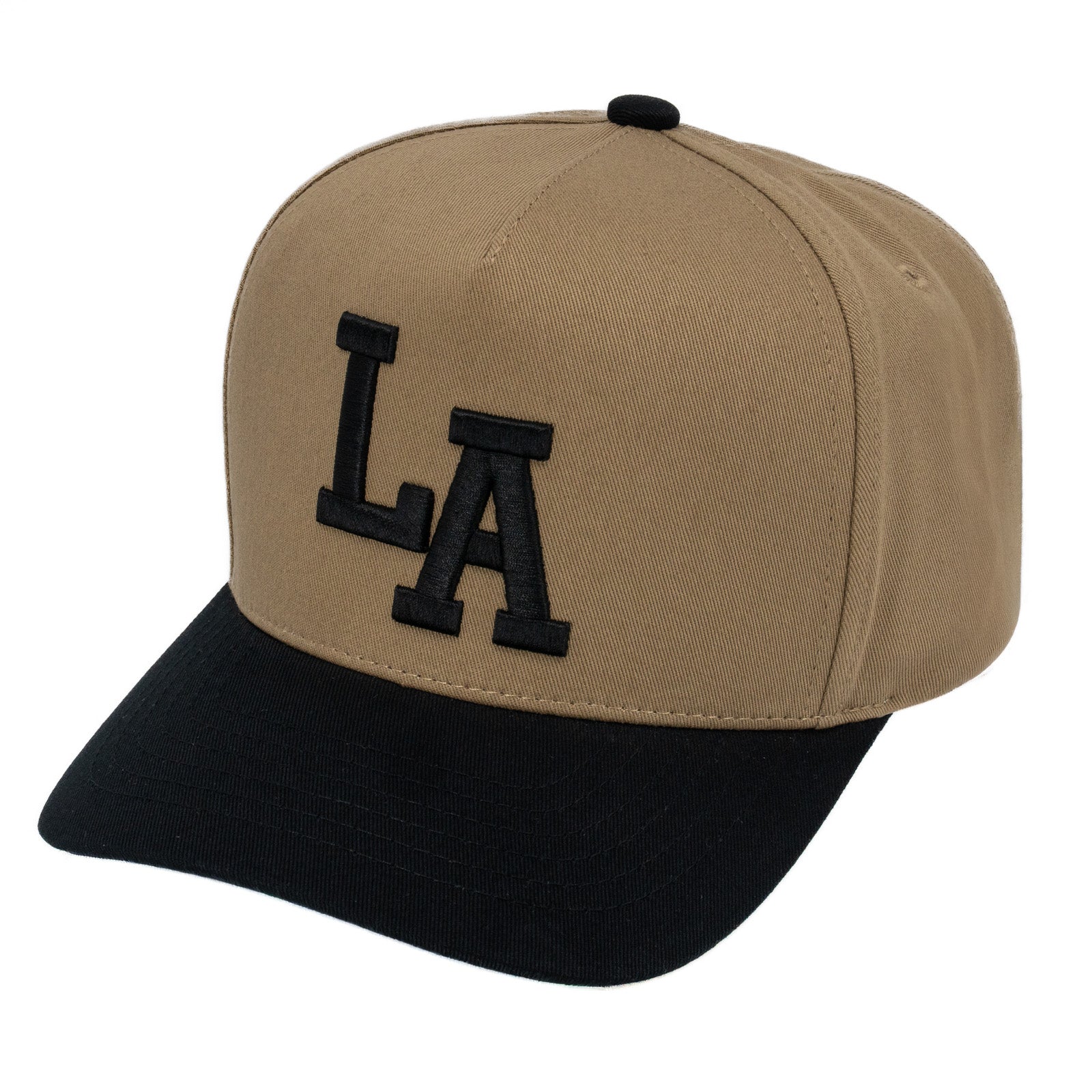 E500LA Embroidered LA 5 Panel Snapback Cap Khaki Black Black Thread