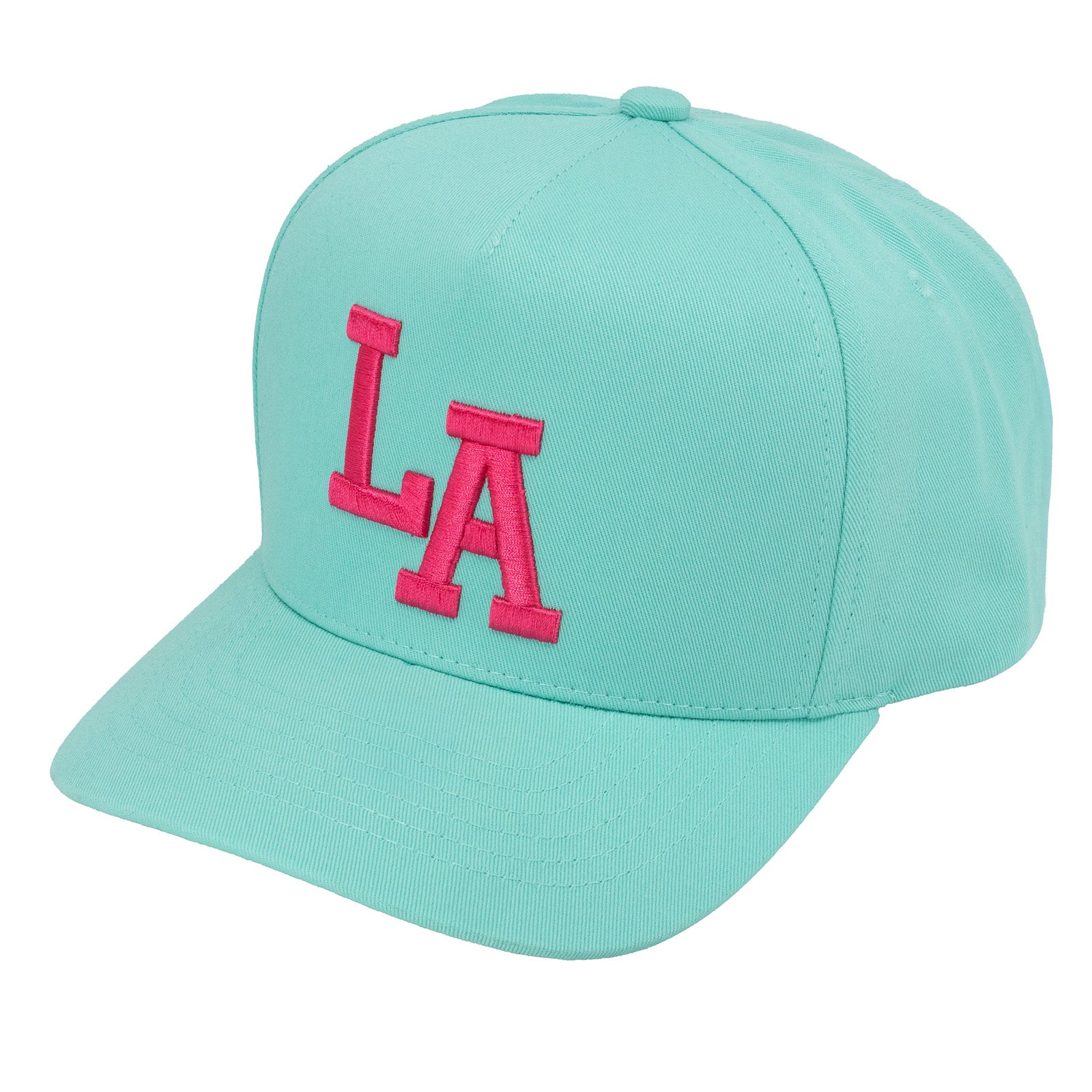 E500LA Embroidered LA 5 Panel Snapback Cap Mint Pink Thread