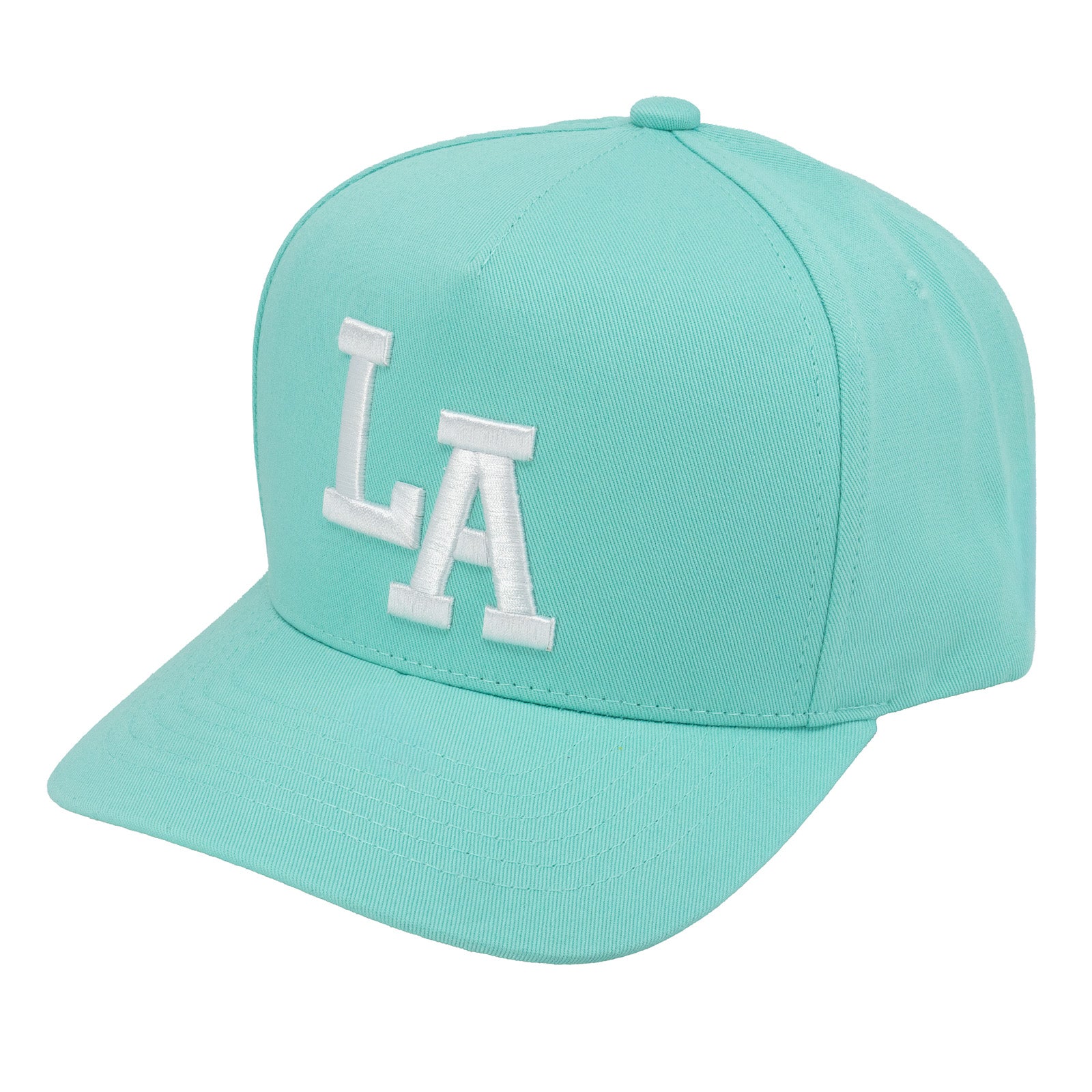 E500LA Embroidered LA 5 Panel Snapback Cap Mint White Thread