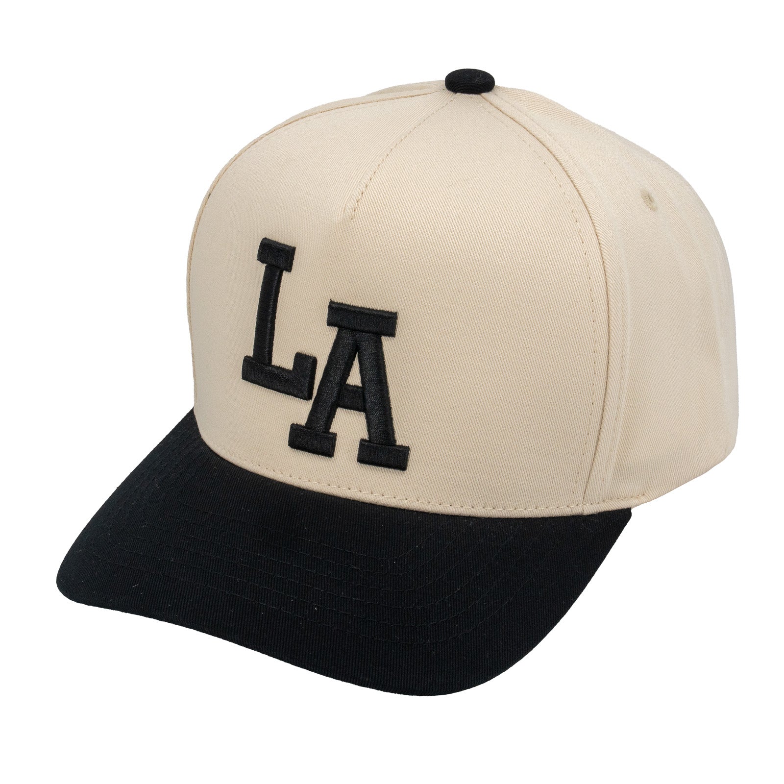 E500LA Embroidered LA 5 Panel Snapback Cap Tan Black Black Thread