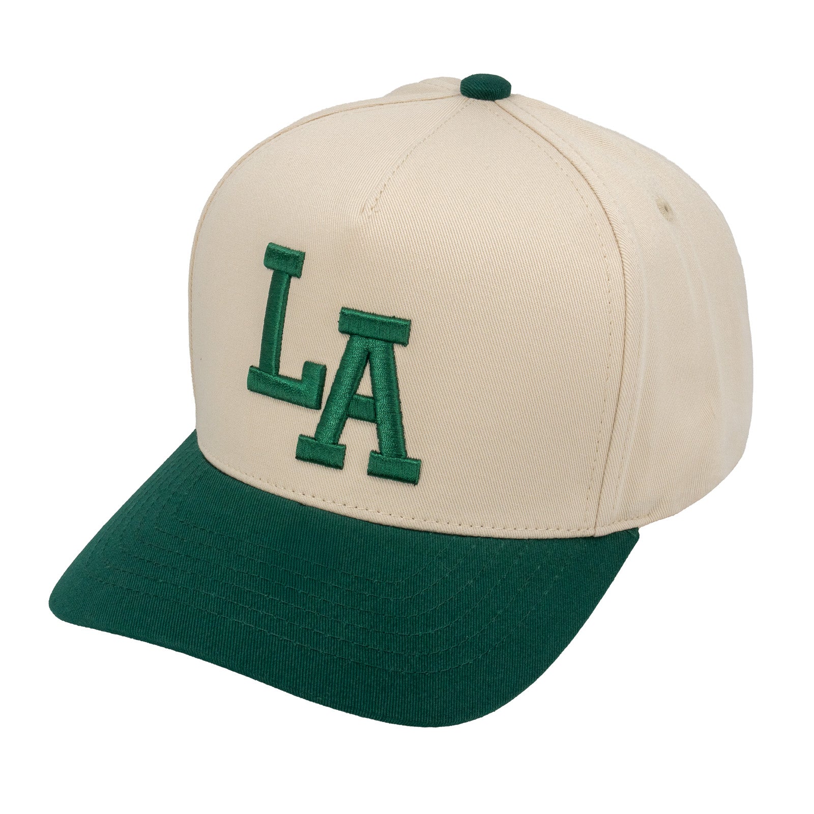 E500LA Embroidered LA 5 Panel Snapback Cap Tan Dark Green Green Thread