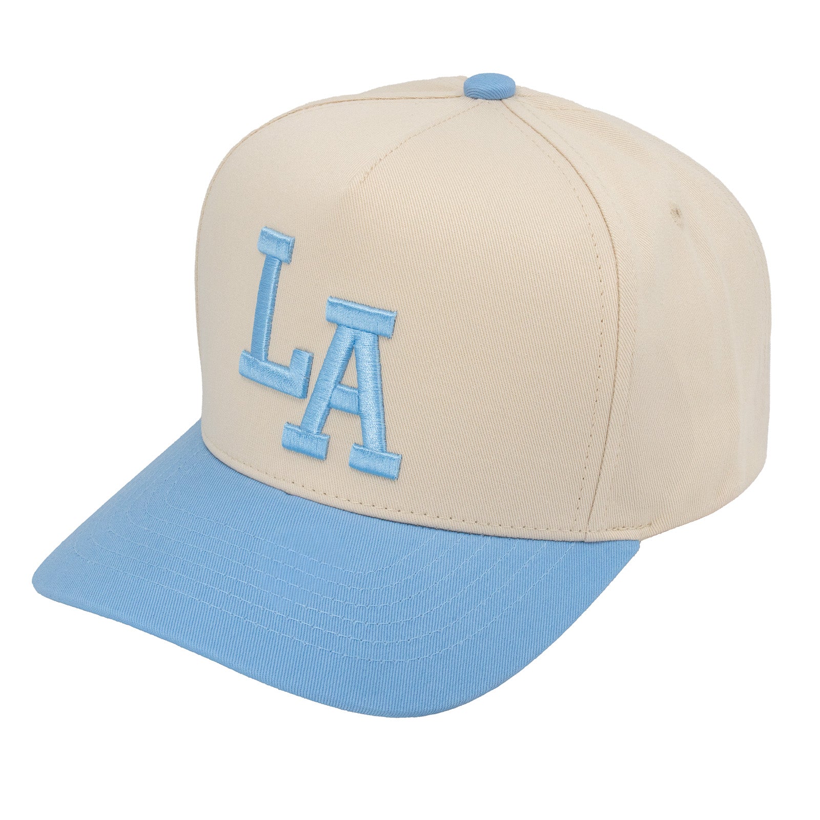 E500LA Embroidered LA 5 Panel Snapback Cap Tan Sky Sky Thread