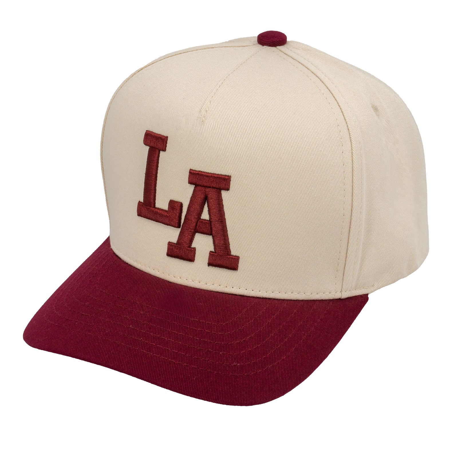 E500LA Embroidered LA 5 Panel Snapback Cap Tan Wine Wine Thread