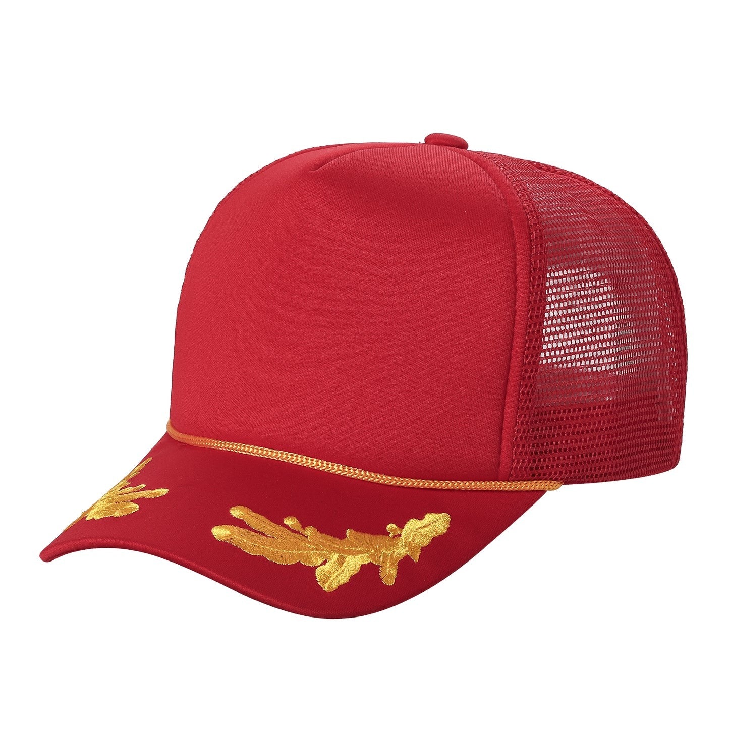 E599 Embroidered Captain 5 Panel Foam Trucker Cap Red Gold Thread