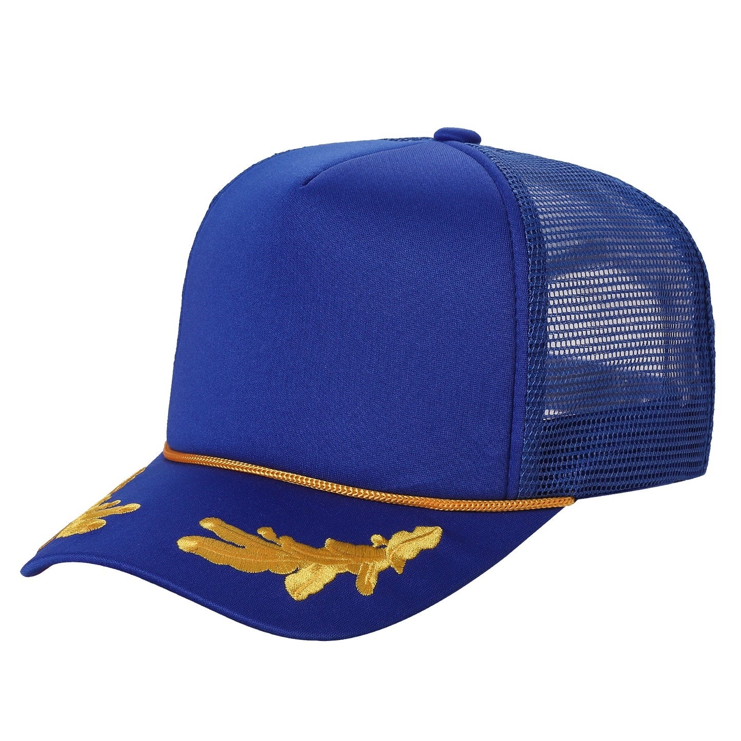 E599 Embroidered Captain 5 Panel Foam Trucker Cap Royal Gold Thread