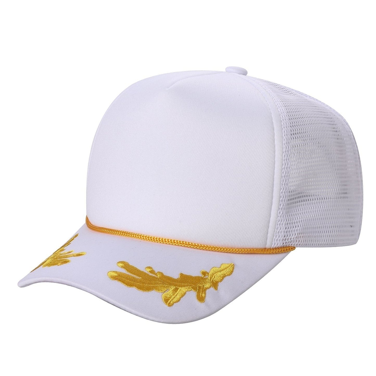 E599 Embroidered Captain 5 Panel Foam Trucker Cap White Gold Thread