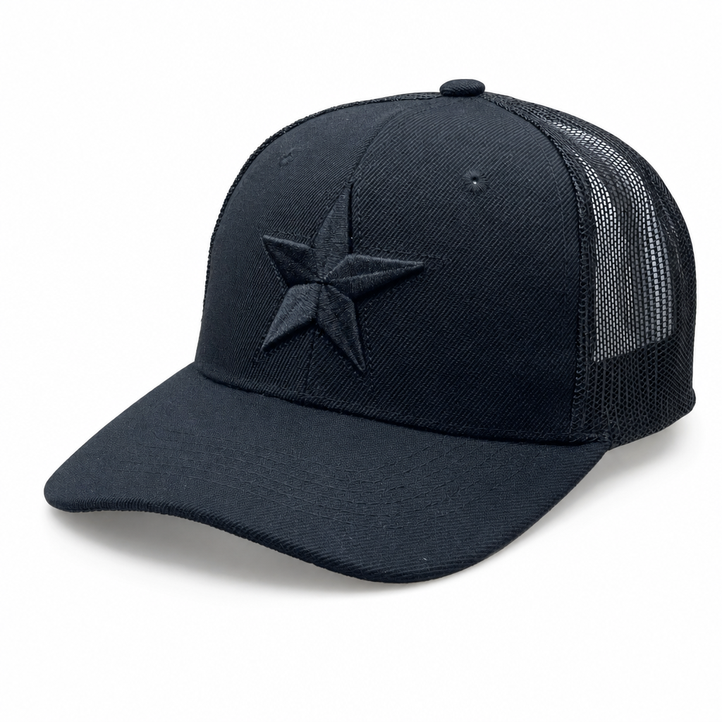 6 Panel Embroidered Velcro Mesh Cap #E6001M Star in BLACK - Style E6001M | Pro Cap