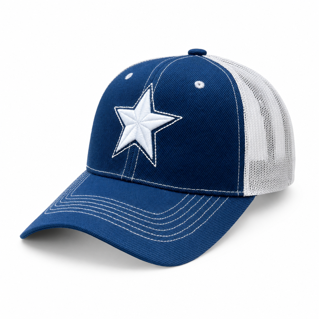 6 Panel Embroidered Velcro Mesh Cap #E6001M Star in NAVY-GREY-WHITE - Style E6001M | Pro Cap
