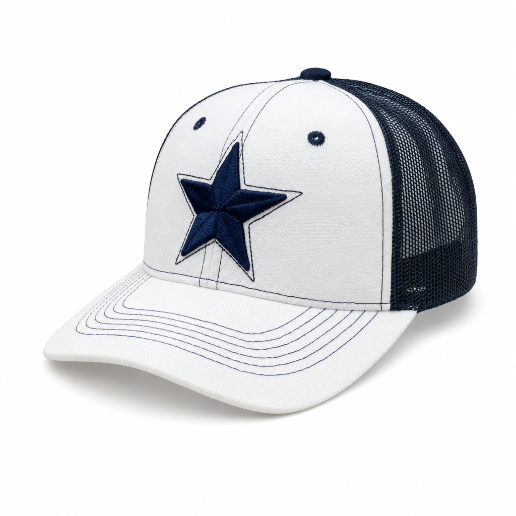6 Panel Embroidered Velcro Mesh Cap #E6001M Star in WHITE-NAVY-NAVY - Style E6001M | Pro Cap