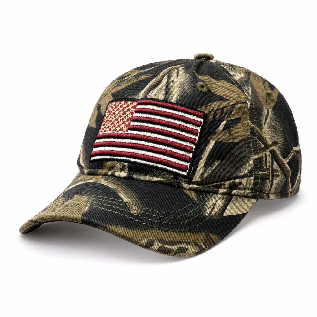 6 Panel Embroidered Velcro Cap For Junior #E6006JR US FLAG in LEEFCAMO - Style E6006JR | Pro Cap