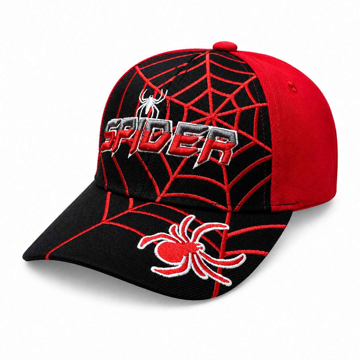 6 Panel Embroidered Velcro Cap For Junior #E6008JR Spider in BLACK-RED - Style E6008JR | Pro Cap