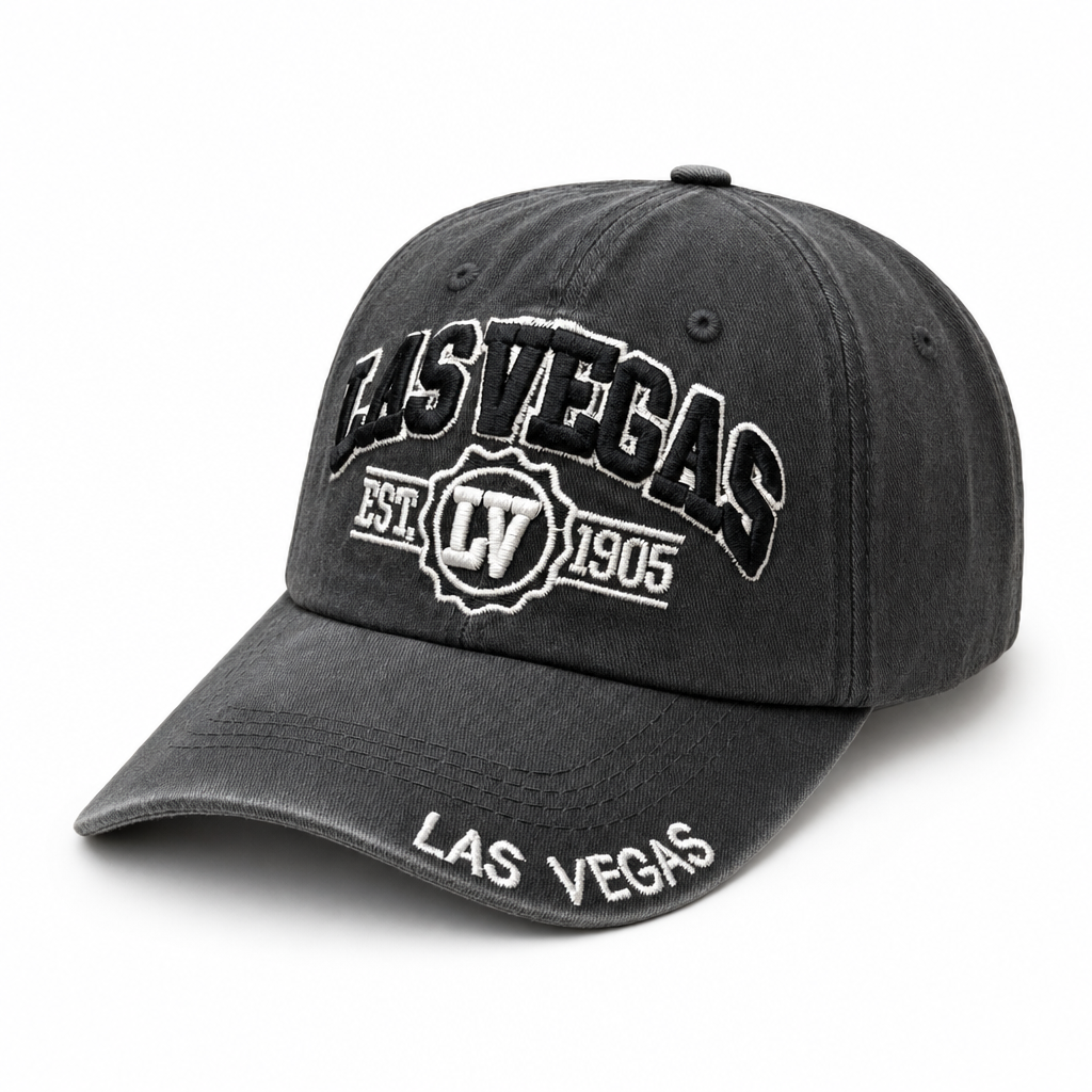 6 Panel Washed Dad Hat Embroidered Cap #EDW6004 in LAS-VEGAS-BLACK-BLACK - Style EDW6004 | Pro Cap