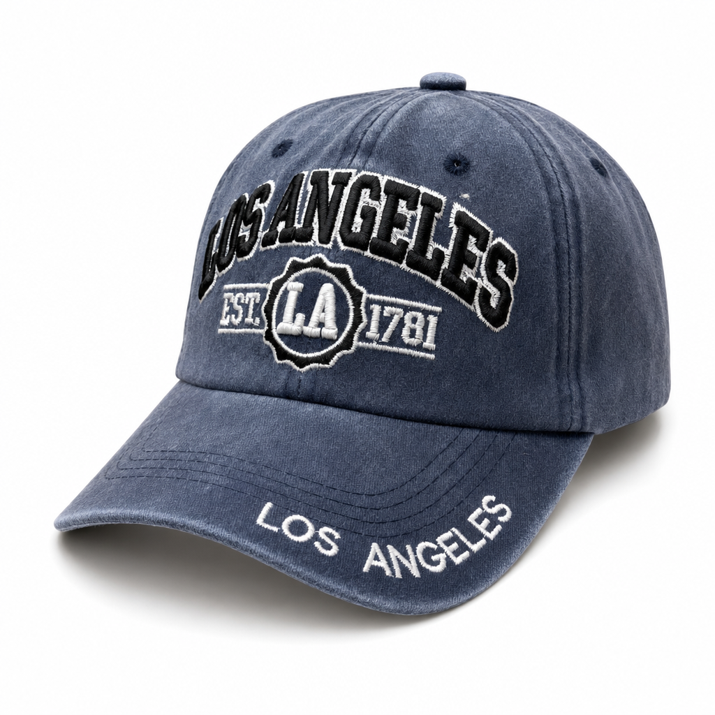 6 Panel Washed Dad Hat Embroidered Cap #EDW6004 in LOS-ANGELES-NAVY-BLACK - Style EDW6004 | Pro Cap