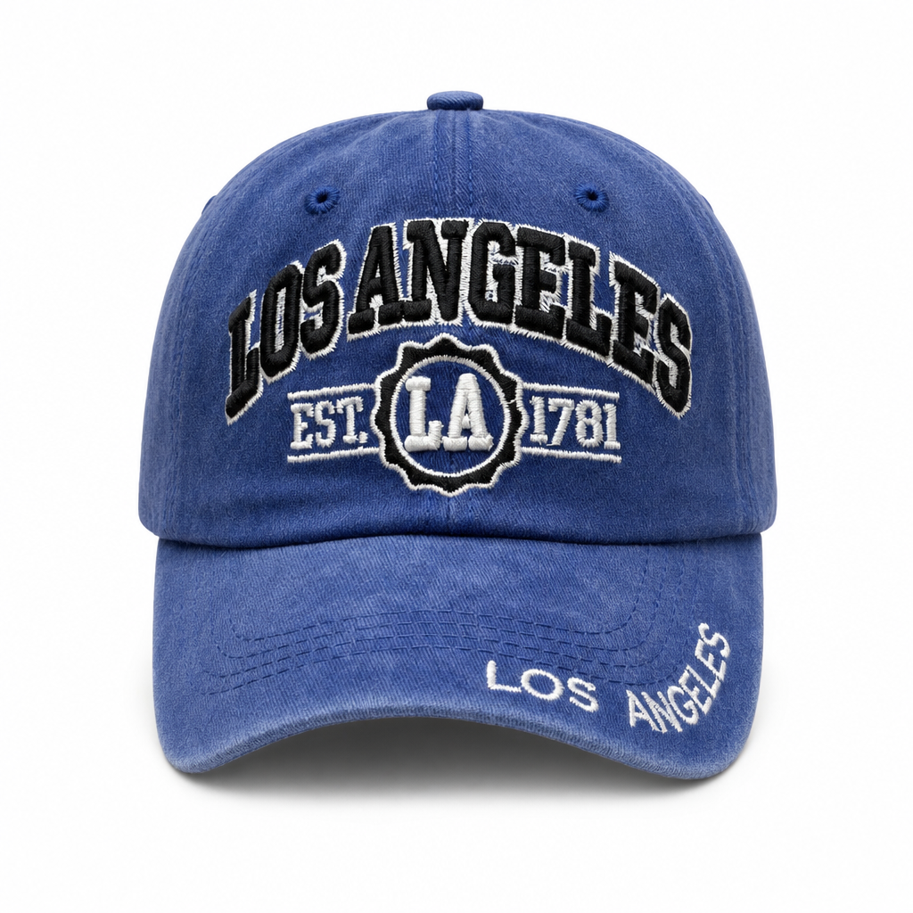 6 Panel Washed Dad Hat Embroidered Cap #EDW6004 in LOS-ANGELES-ROYAL-BLACK - Style EDW6004 | Pro Cap