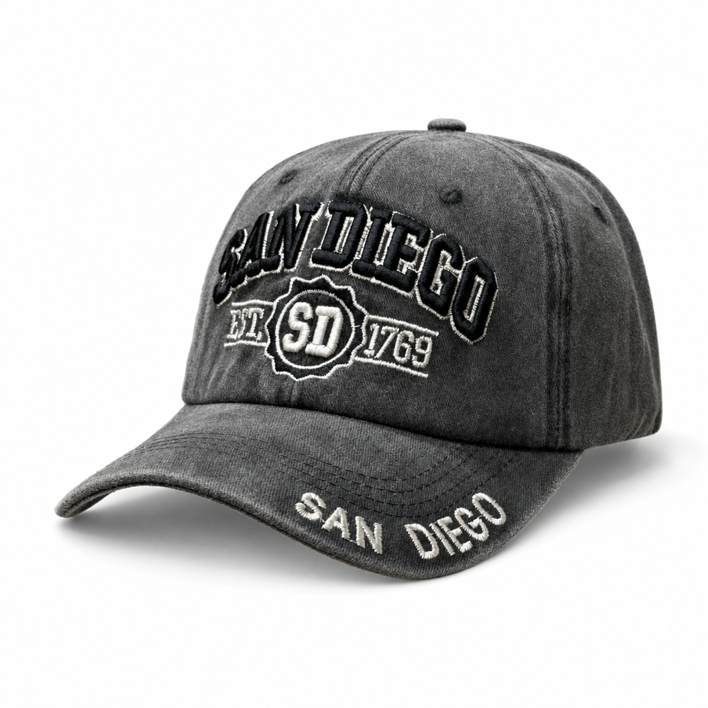6 Panel Washed Dad Hat Embroidered Cap #EDW6004 in SAN-DIEGO-BLACK-BLAKC - Style EDW6004 | Pro Cap
