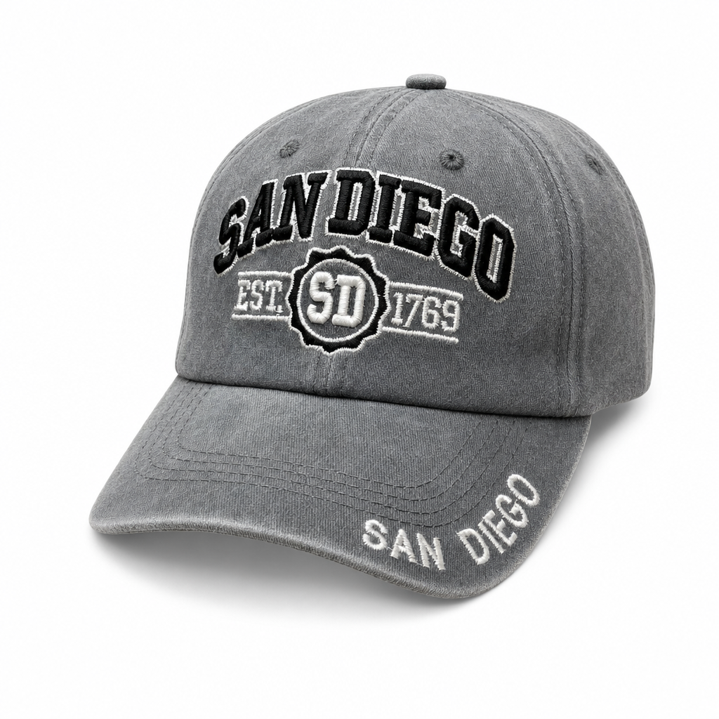 6 Panel Washed Dad Hat Embroidered Cap #EDW6004 in SAN-DIEGO-GREY-BLACK - Style EDW6004 | Pro Cap