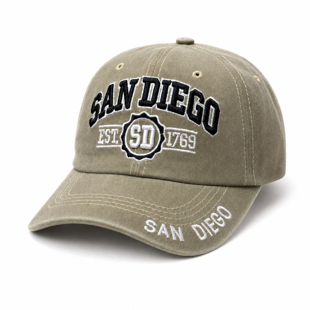 6 Panel Washed Dad Hat Embroidered Cap #EDW6004 in SAN-DIEGO-KHAKI-BLACK - Style EDW6004 | Pro Cap
