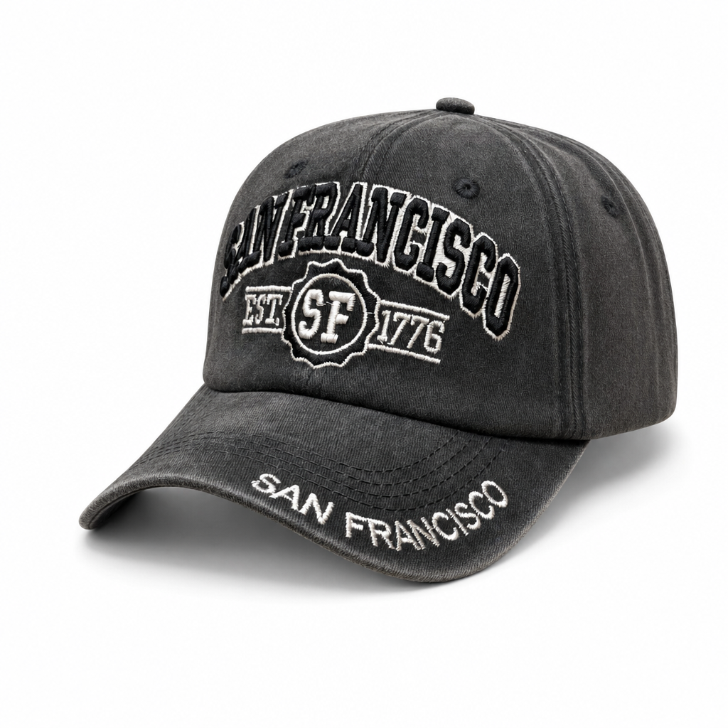 6 Panel Washed Dad Hat Embroidered Cap #EDW6004 in SAN-FRANCISCO-BLACK-BLACK - Style EDW6004 | Pro Cap