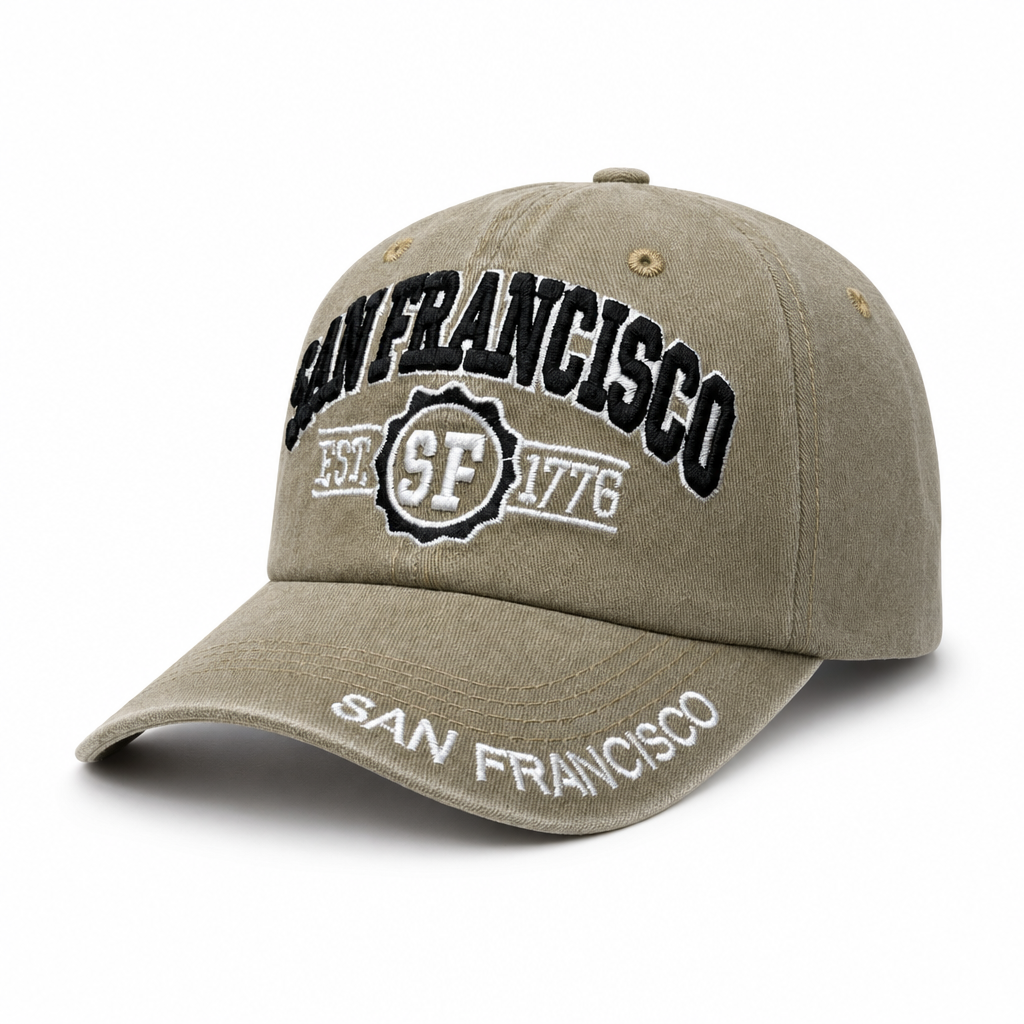 6 Panel Washed Dad Hat Embroidered Cap #EDW6004 in SAN-FRANCISCO-KHAKI-BLACK - Style EDW6004 | Pro Cap