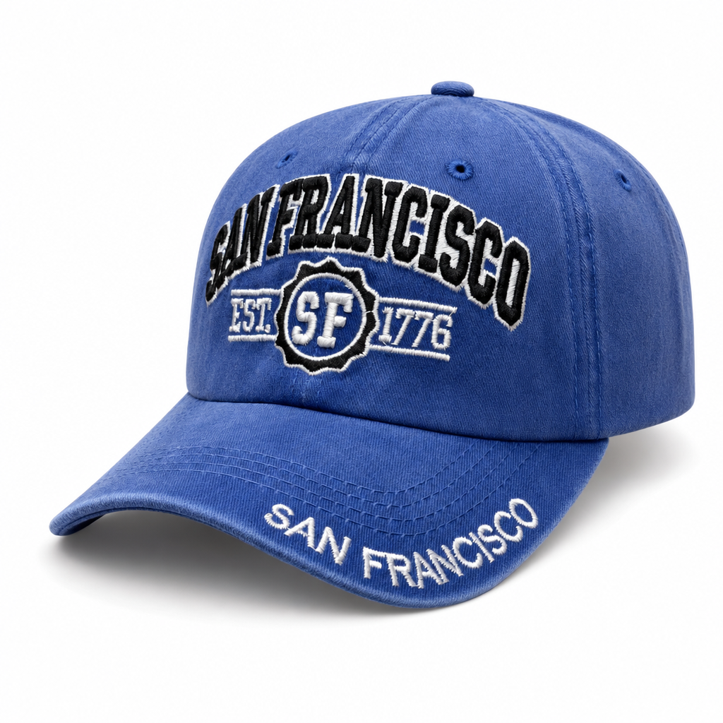 6 Panel Washed Dad Hat Embroidered Cap #EDW6004 in SAN-FRANCISCO-ROYAL-BLACK - Style EDW6004 | Pro Cap